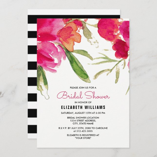 Romantic Watercolor Fuchsia Floral Bridal Shower Invitation (Front/Back)