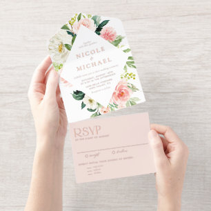 Romantic Watercolor Garden Flowers Frame Wedding All In One Invitation