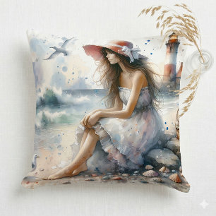 Romantic Watercolor Girl by Lighthouse Cushion