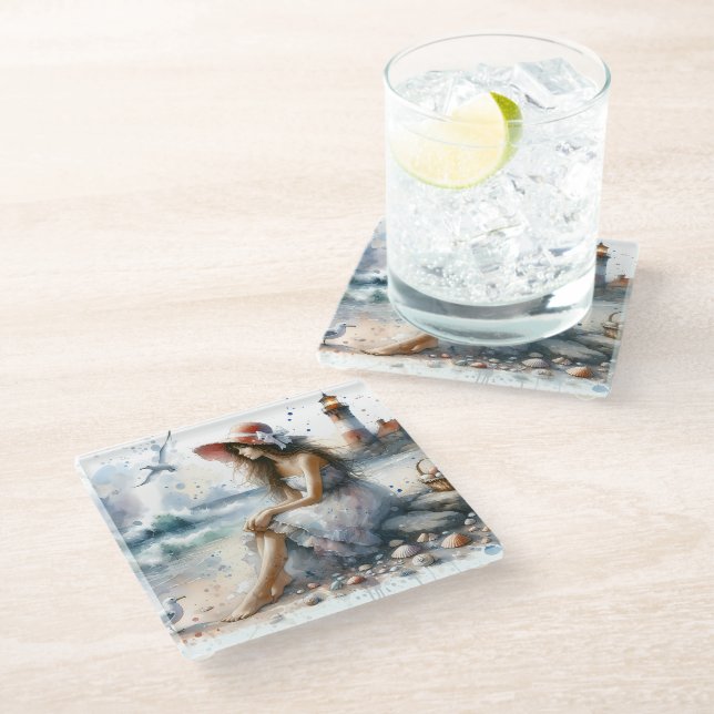 Romantic Watercolor Girl by Lighthouse Glass Coaster (Angled)