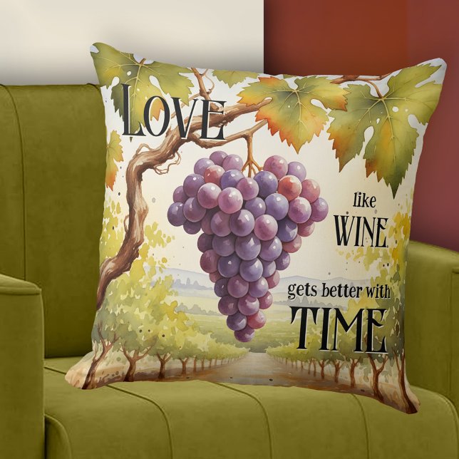 Romantic Watercolor Grapes Wine Lover Cushion (Romantic pillow featuring a watercolor painting of grapes in a vineyard. With custom funny quote)