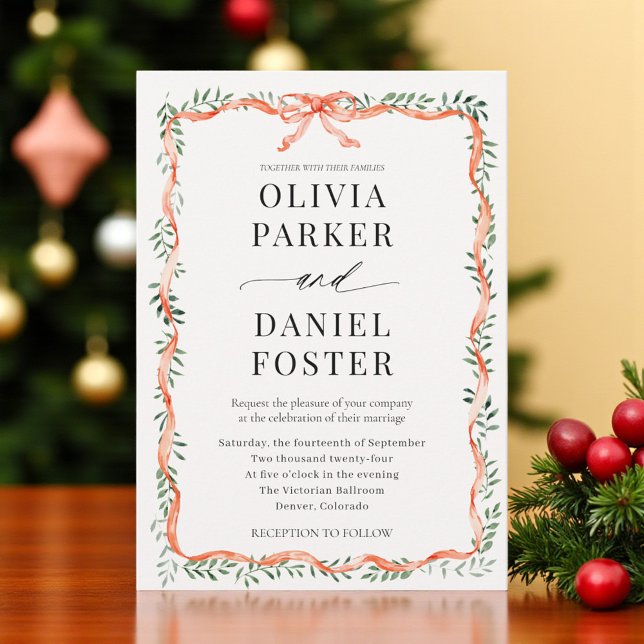 Romantic Watercolor Greenery Red Bow Wedding Invitation (Creator Uploaded)