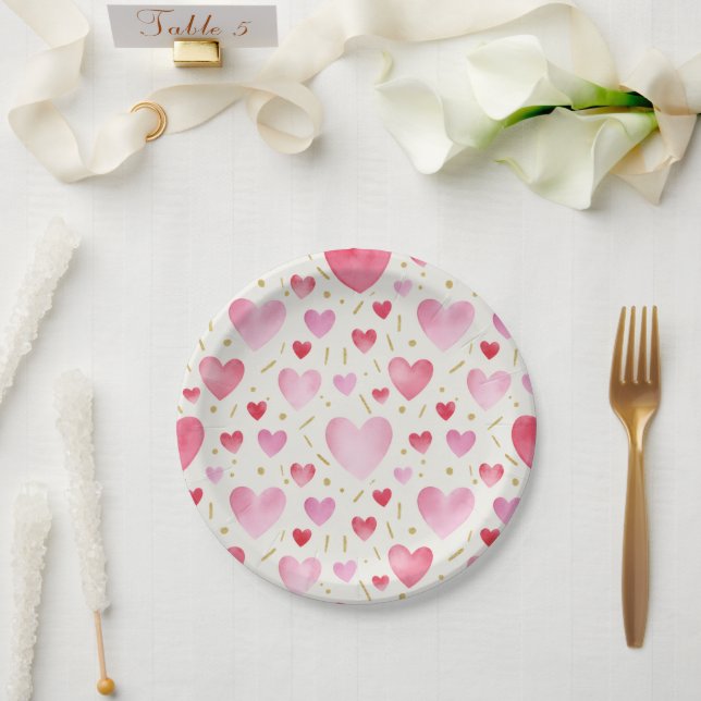 Romantic Watercolor Hearts & Gold Glitter Confetti Paper Plate (Wedding)