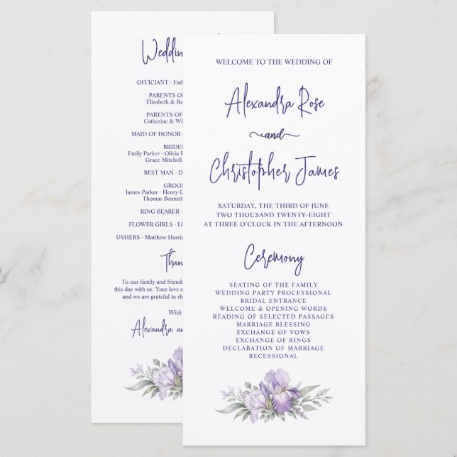 Romantic Watercolor Iris Garden Wedding Program  Programme (Front/Back)