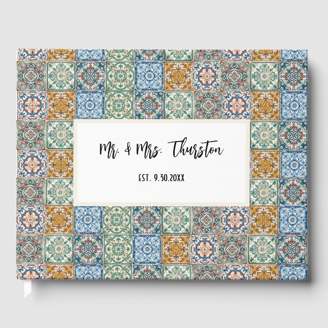 Romantic Watercolor Italian Tiles Pattern Guest Book (Front)