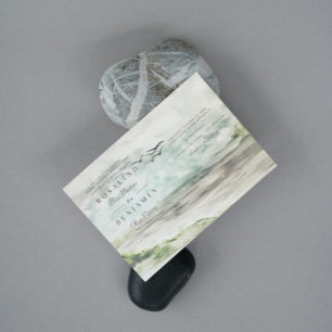 Romantic Watercolor Landscape 3 Photos Wedding Invitation