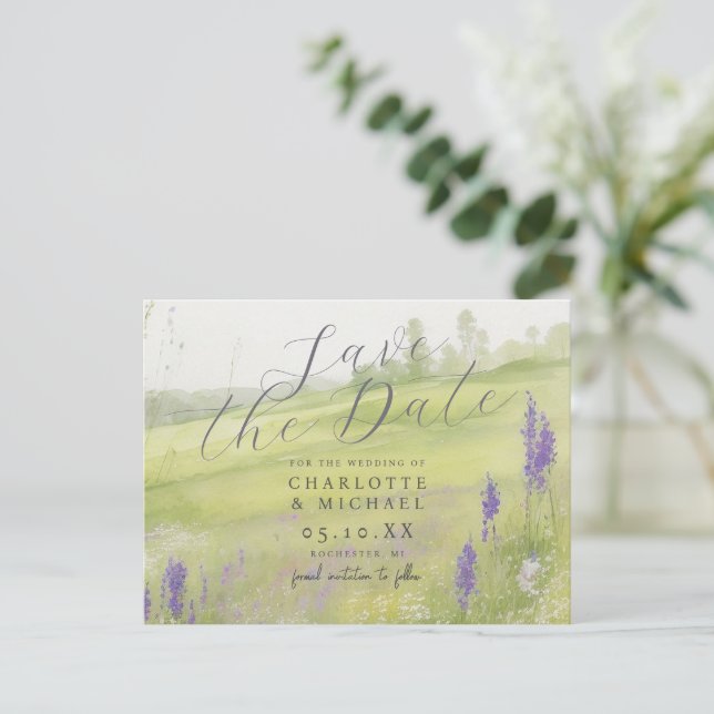 Romantic watercolor landscape save the date postcard (Standing Front)