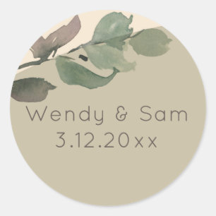 Romantic Watercolor Leaf Wedding Classic Round Sticker