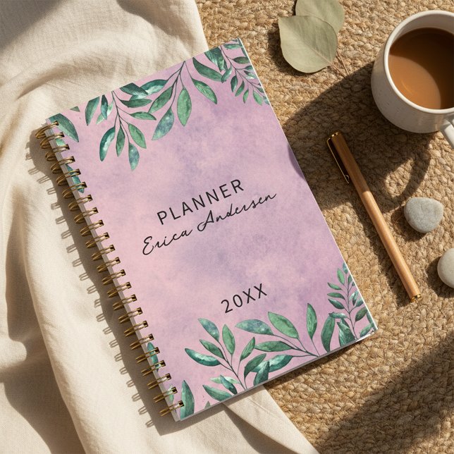 Romantic Watercolor Leafy Green Branches On Pink  Planner (Creator Uploaded)