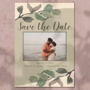 Romantic Watercolor Leaves Wedding Save the Date