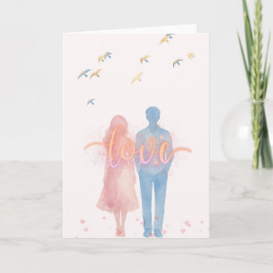 Romantic Watercolor Love Card with Couple & Birds