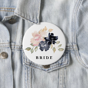 Romantic Watercolor Navy Florals Wedding Bride 10 Cm Round Badge