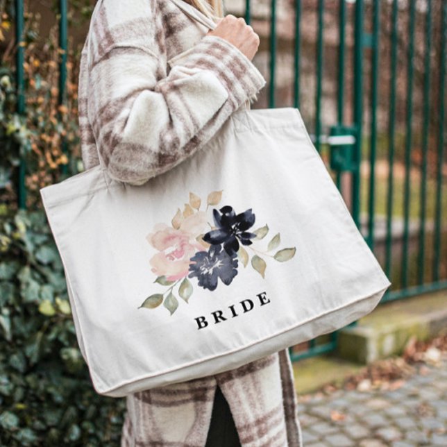 Romantic Watercolor Navy Florals Wedding Bride Tote Bag (Creator Uploaded)