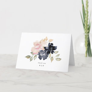 Romantic Watercolor Navy Florals Wedding Folded Thank You Card