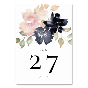 Romantic Watercolor Navy Florals Wedding Table Number