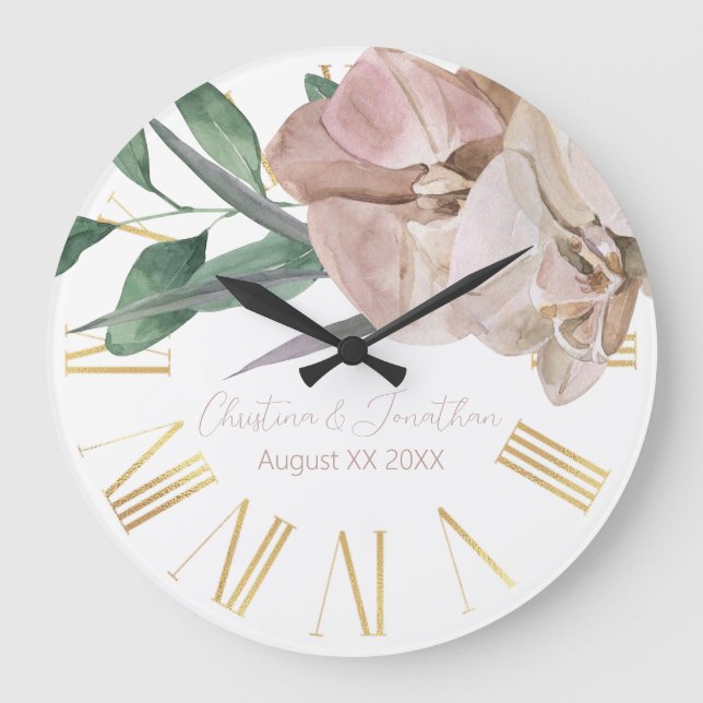 Romantic Watercolor Orchids Large Clock (Front)