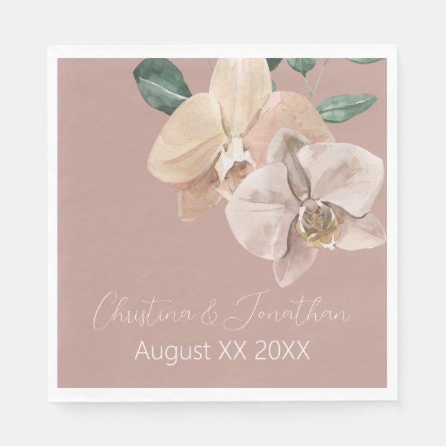 Romantic Watercolor Orchids on Dusty Blush Napkin (Front)
