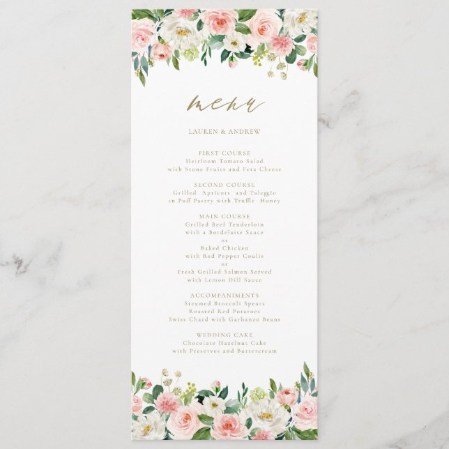 Romantic Watercolor Peach Florals Gold Menu (Front)