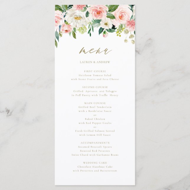 Romantic Watercolor Peach Florals Gold Menu Card (Front)
