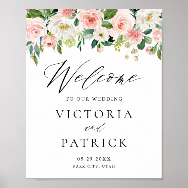 Romantic Watercolor Peach Florals Wedding Welcome Poster (Front)