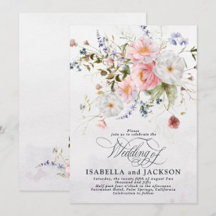 Romantic Watercolor Pink and White Floral Wedding Invitation