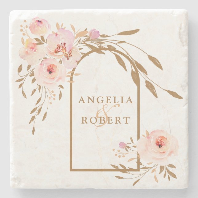 Romantic Watercolor Pink Blush Gold Roses  Stone Coaster (Front)