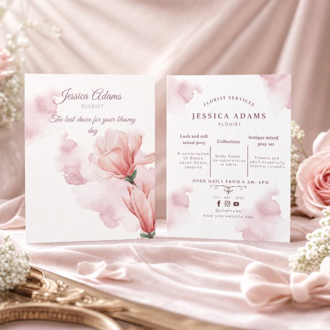 Romantic watercolor Pink floral Flyer (modern black and white | custom logo thank you #watercolorflowersflyer #floristshop)