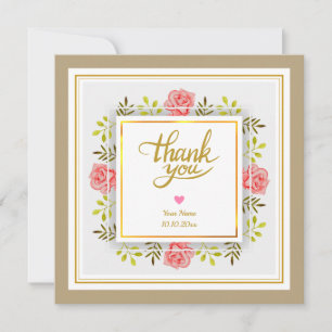 Romantic Watercolor Pink Floral Frame and Heart Card