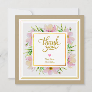 Romantic Watercolor Pink Floral Frame and Heart  Card