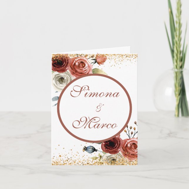Romantic Watercolor Pink Floral, Gold Wedding Invitation (Front)