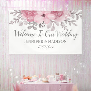 Romantic Watercolor Pink Florals Mr & Mrs Wedding Banner
