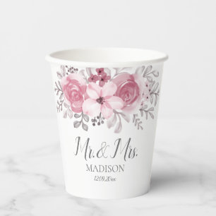 Romantic Watercolor Pink Florals Mr & Mrs Wedding Paper Cups