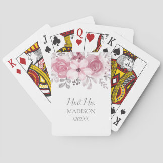Romantic Watercolor Pink Florals Mr & Mrs Wedding  Playing Cards