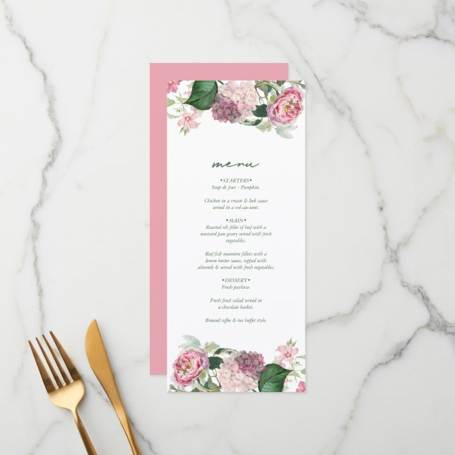 Romantic Watercolor Pink Flowers Garden Wedding Menu (Front/Back In Situ)