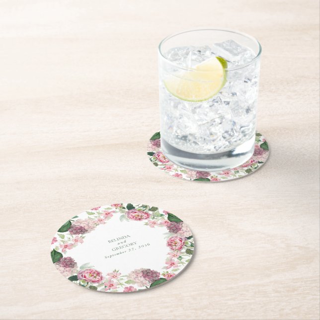 Romantic Watercolor Pink Flowers Garden Wedding Round Paper Coaster (Insitu)