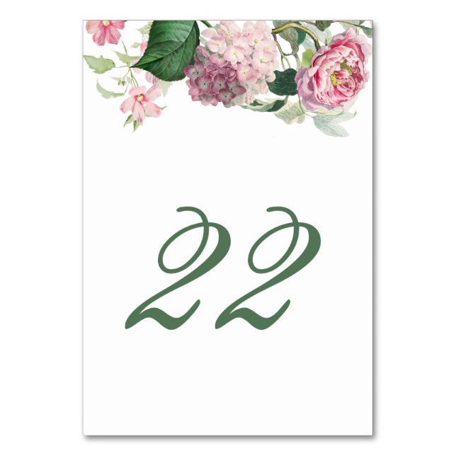 Romantic Watercolor Pink Flowers Garden Wedding Table Number (Front)