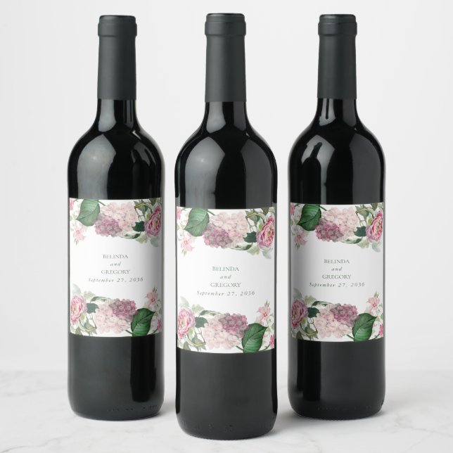 Romantic Watercolor Pink Flowers Garden Wedding Wine Label (Bottles)