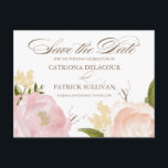Romantic Watercolor Pink Flowers Save The Date Announcement Postcard<br><div class="desc">Whimsical save the date featuring watercolor illustrations of peonies and rose. This is a part of a wedding suite. Matching items are available.</div>