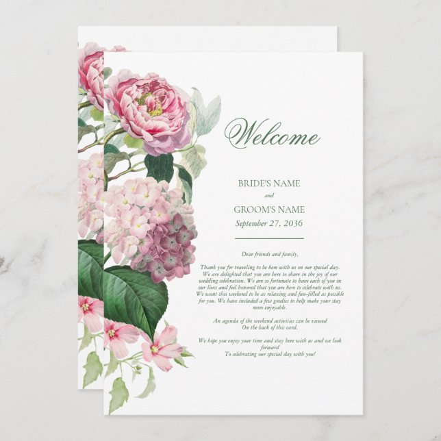 Romantic Watercolor Pink Flowers Wedding Itinerary Programme (Front/Back)