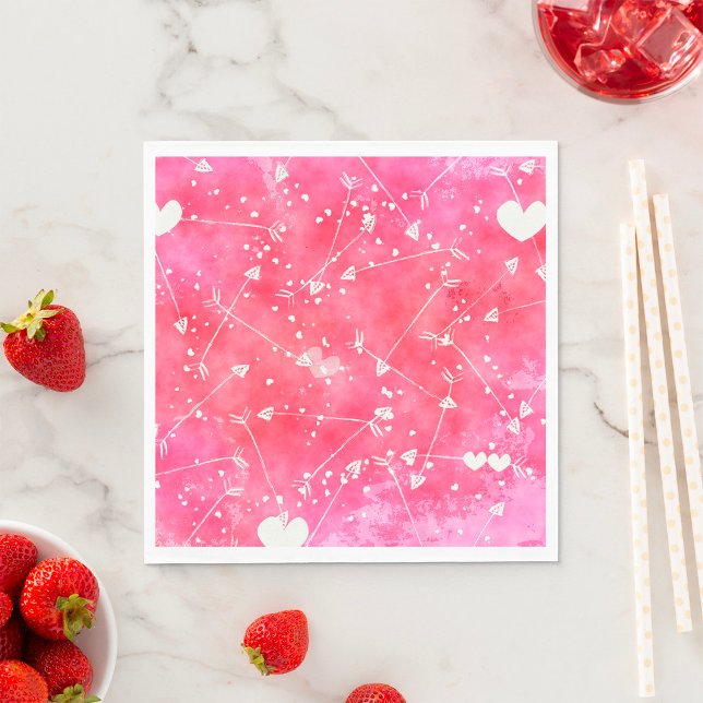 Romantic Watercolor Pink Hearts & Arrows Pattern  Napkin (Creator Uploaded)