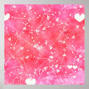 Romantic Watercolor Pink Hearts & Arrows Pattern  Poster