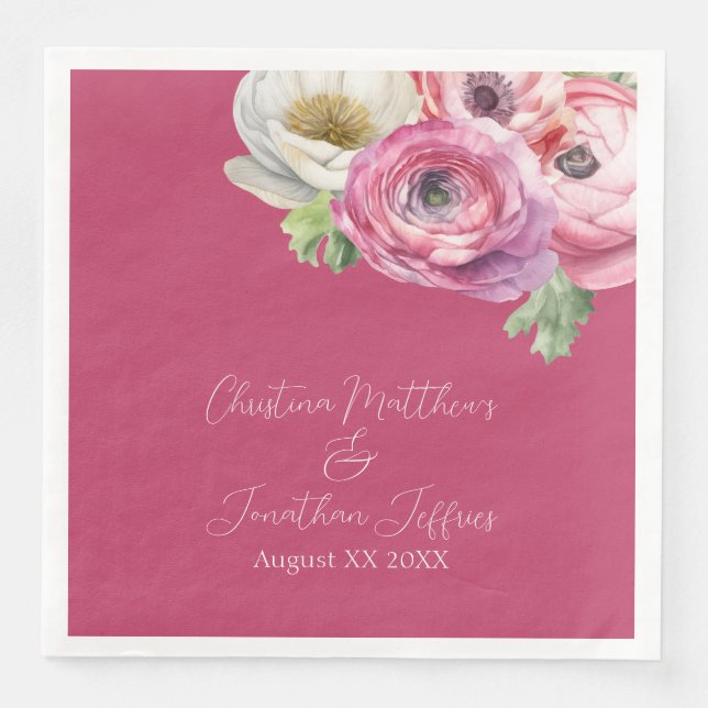 Romantic Watercolor Pink Ranunculus on Blush Napkin (Front)