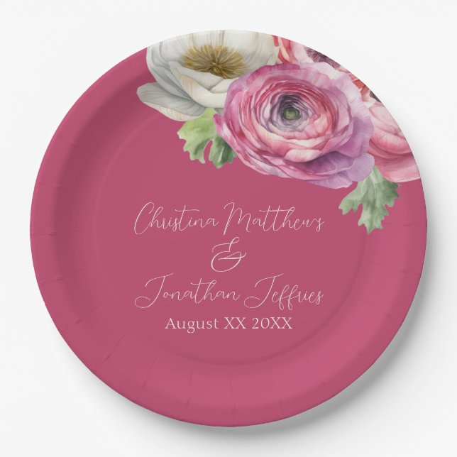 Romantic Watercolor Pink Ranunculus on Blush Paper Plate (Front)