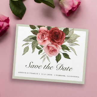 Romantic Watercolor Pink Red Roses Save The Date Announcement Postcard