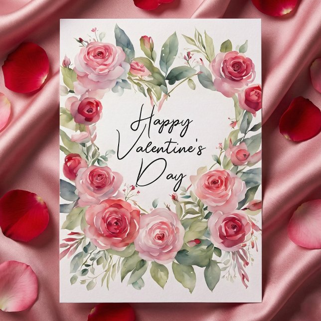 Romantic Watercolor Pink Rose Heart Valentine Card (Creator Uploaded)