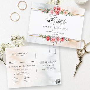Romantic Watercolor Pink Roses & Calligraphy RSVP Postcard