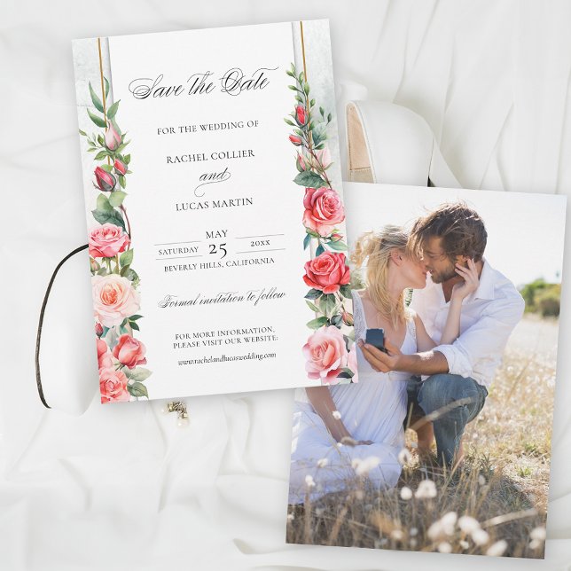 Romantic Watercolor Pink Roses & Calligraphy Save The Date (Creator Uploaded)