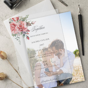 Romantic Watercolor Pink Roses & Calligraphy Vellum Invitations