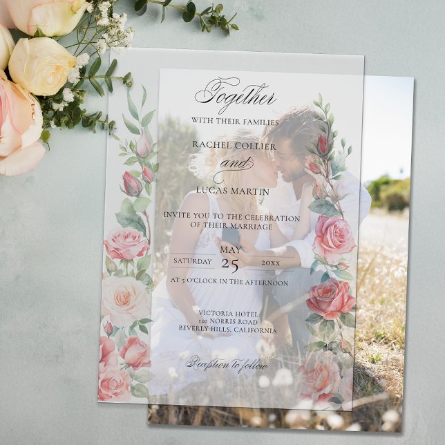 Romantic Watercolor Pink Roses & Calligraphy Vellum Invitations (Creator Uploaded)
