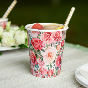 Romantic Watercolor Pink Roses Paper Cups